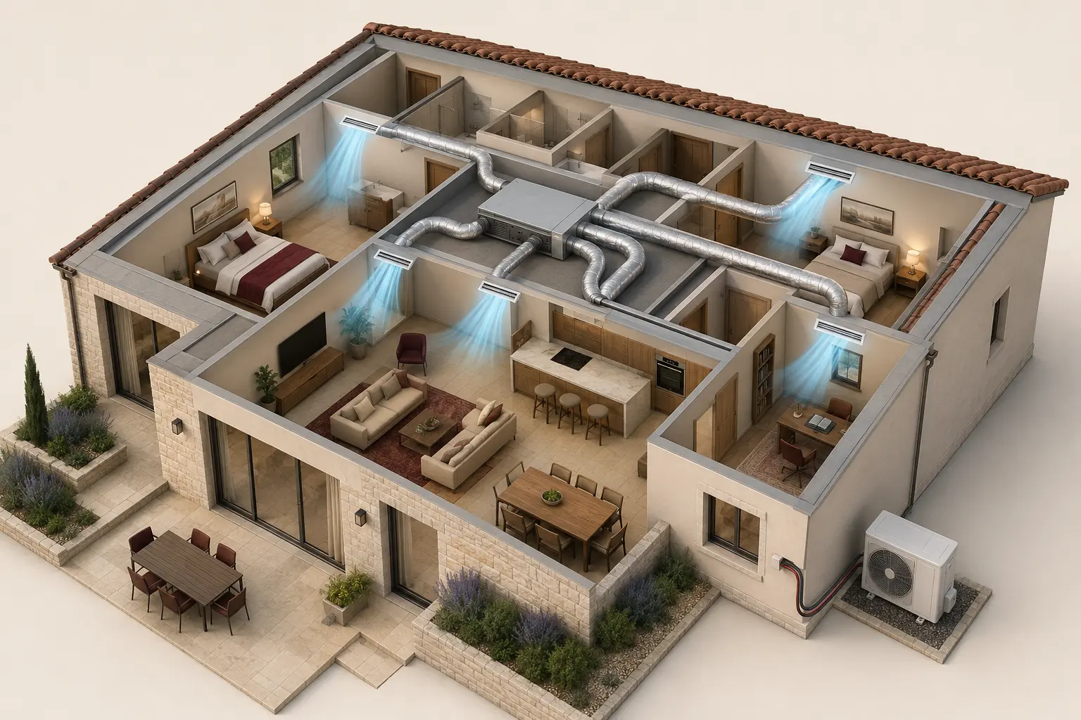 Vue 3D en coupe d’une maison avec unité gainable, réseau de gaines et bouches de soufflage dans plusieurs pièces