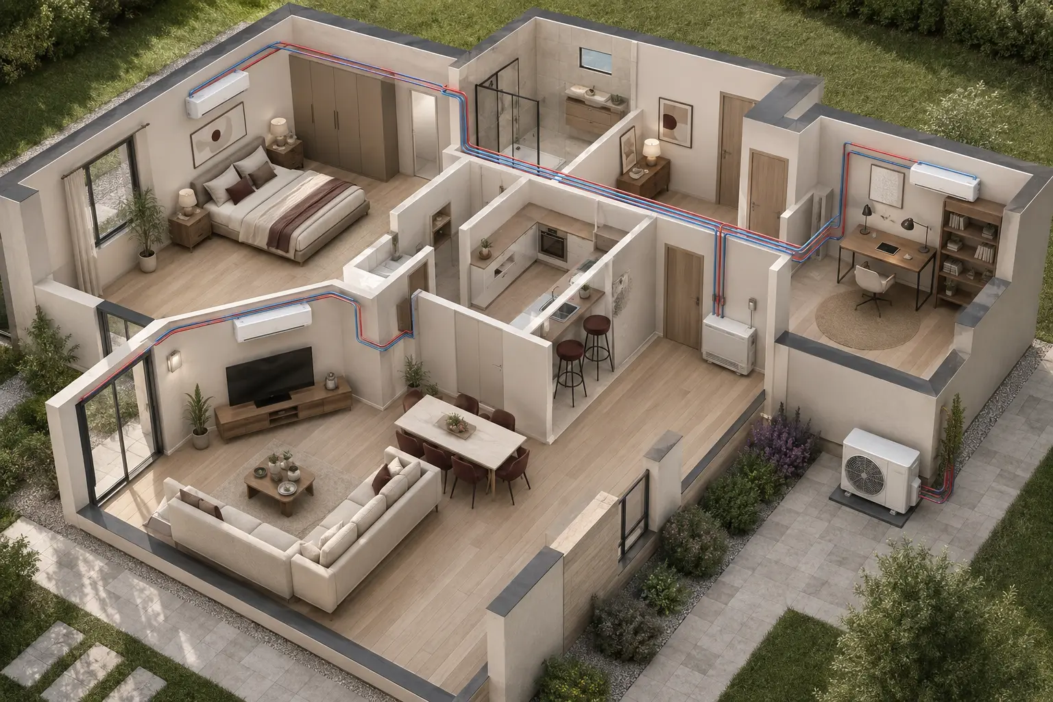 Vue 3D d’une maison équipée d’un système multisplit desservant quatre zones depuis un seul groupe extérieur