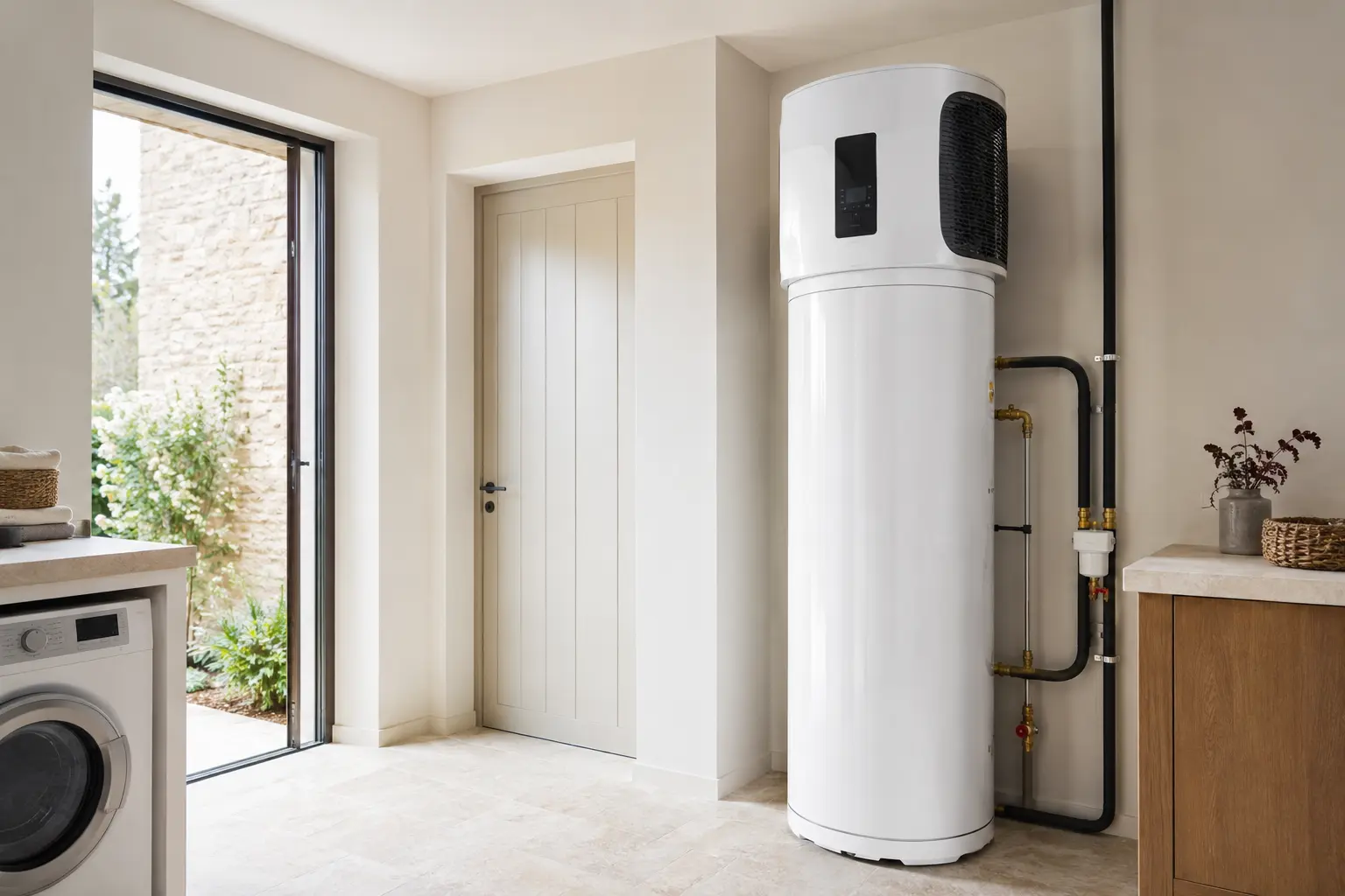 Chauffe-eau thermodynamique installé dans une buanderie